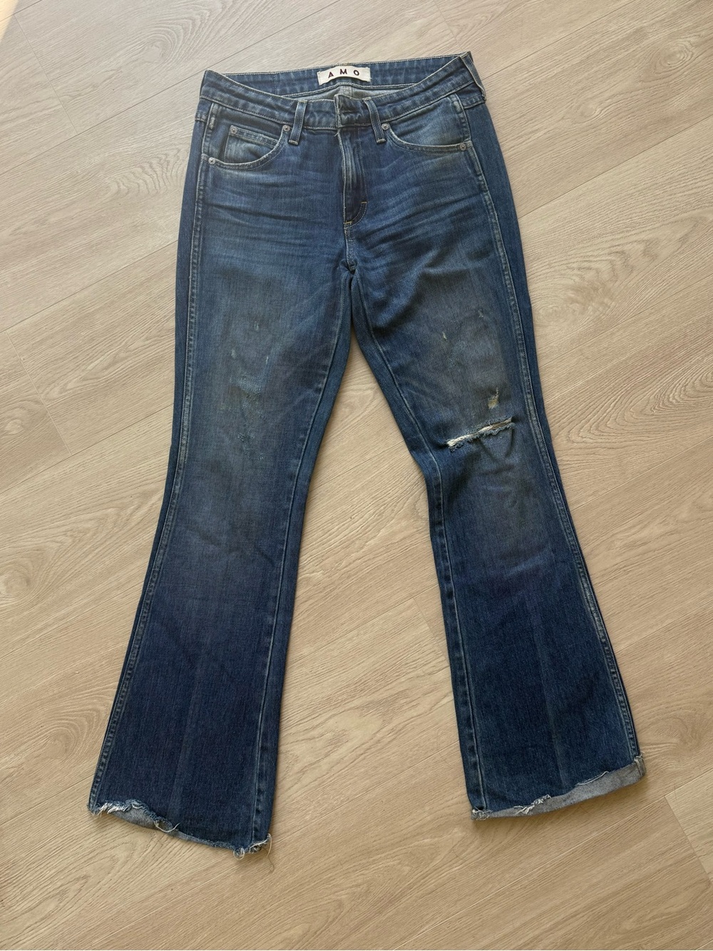 AMO Kick - Dive Bar Destroy - Women's Distressed Dark Blue Flare Jeans